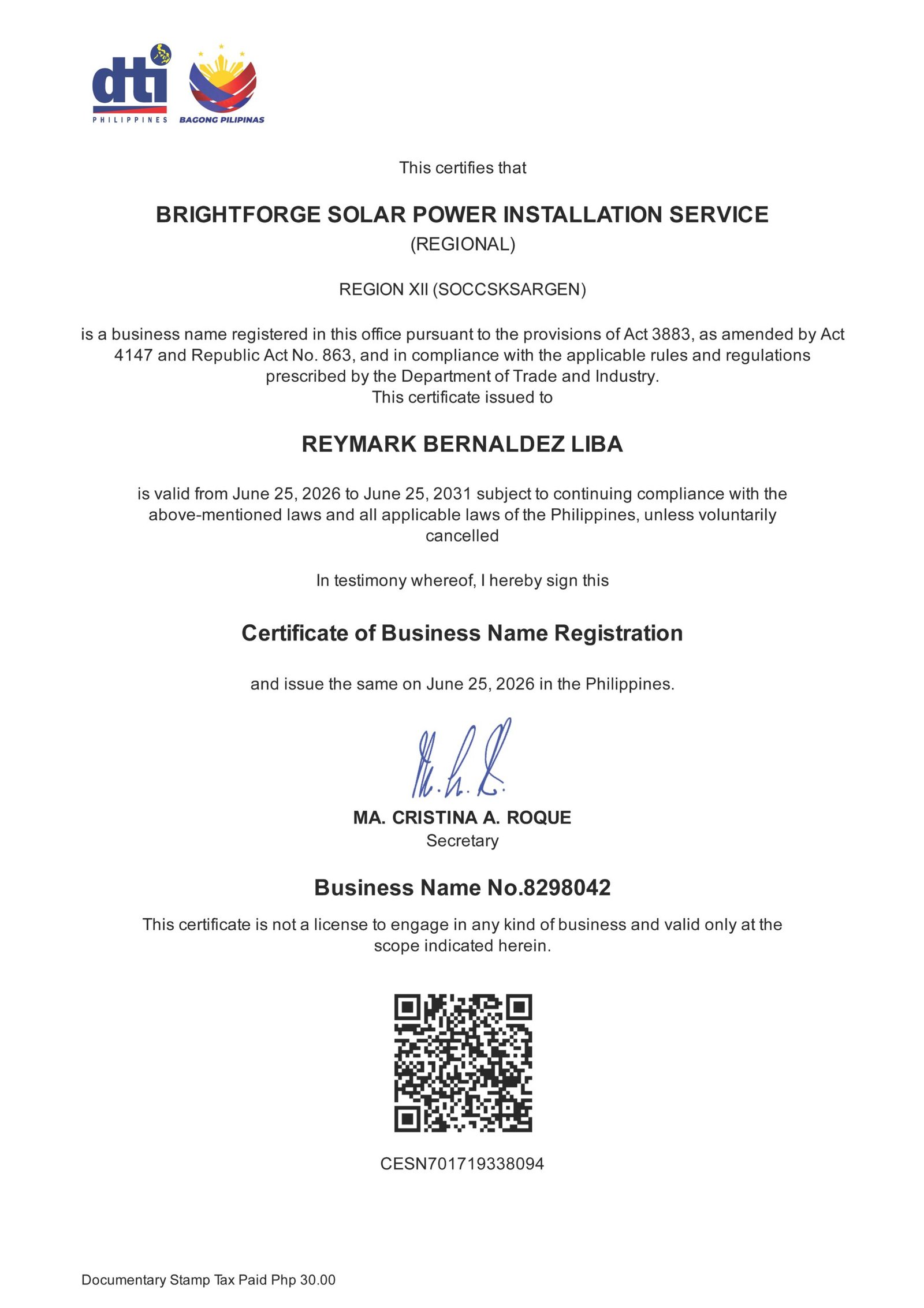 BrightForge DTI Registration Certificate